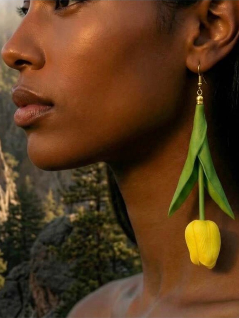Handcrafted Yellow Tulip Drop Earrings with Green Stem - Women Jewelry